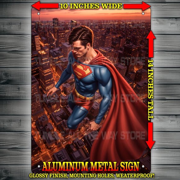 Superman Overlooking Metropolis Glossy Wall Art Metal Sign 10x14" - Picture 1 of 1